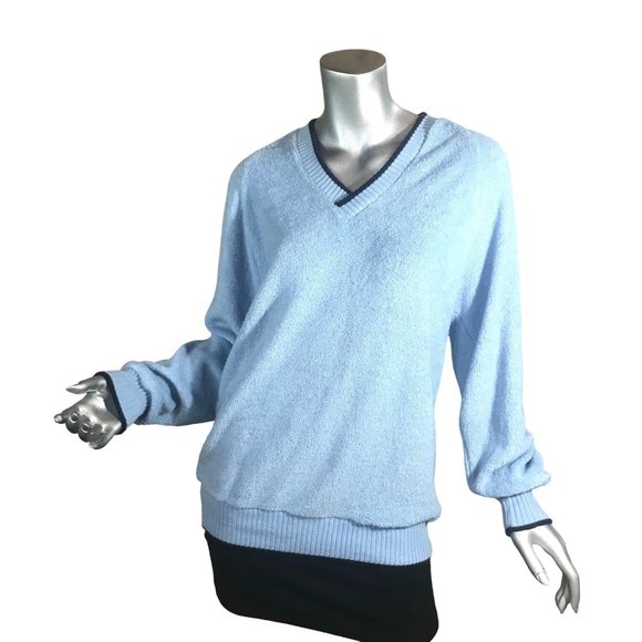 Charming Forge Vintage USA Large Blue V Neck Sweater Ribbed Cuffs and Hem Pullov - Picture 1 of 16